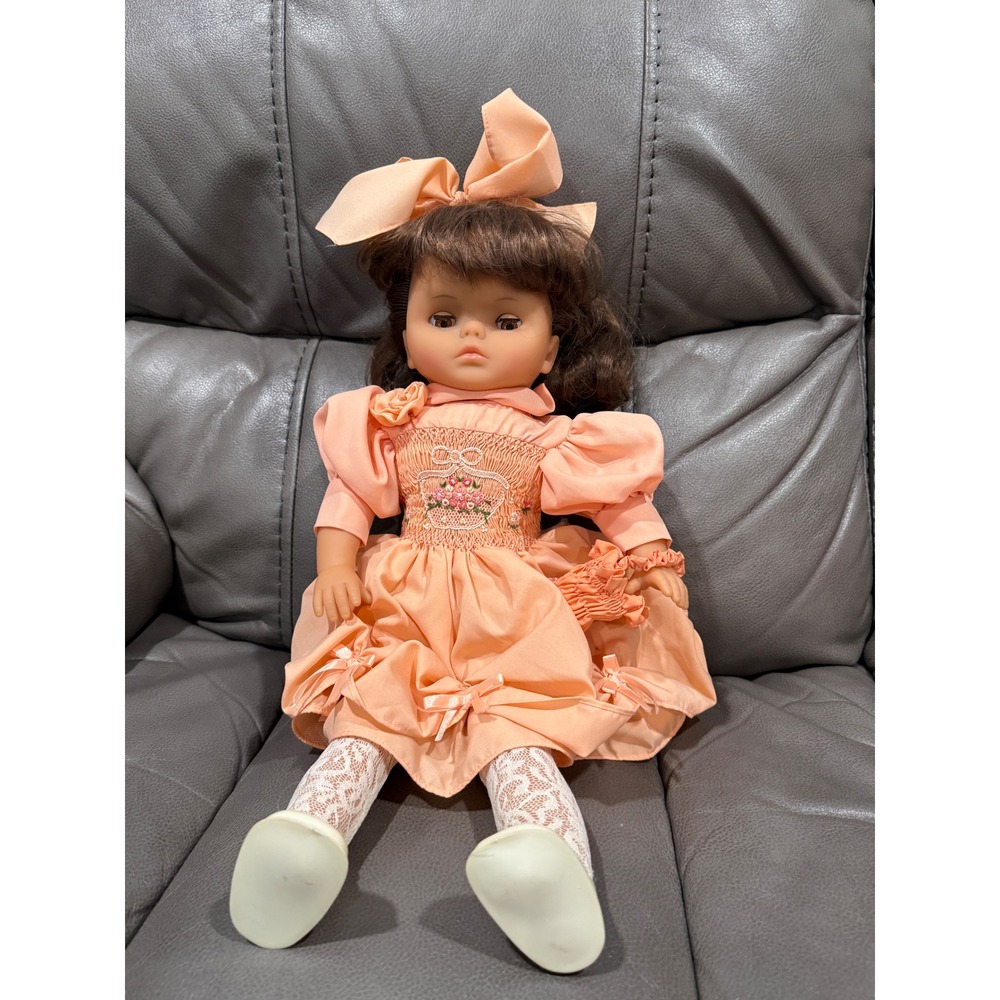 Vintage Peach Smocked Dress Collectible Doll Brown Hair Lace Tights Mark 126